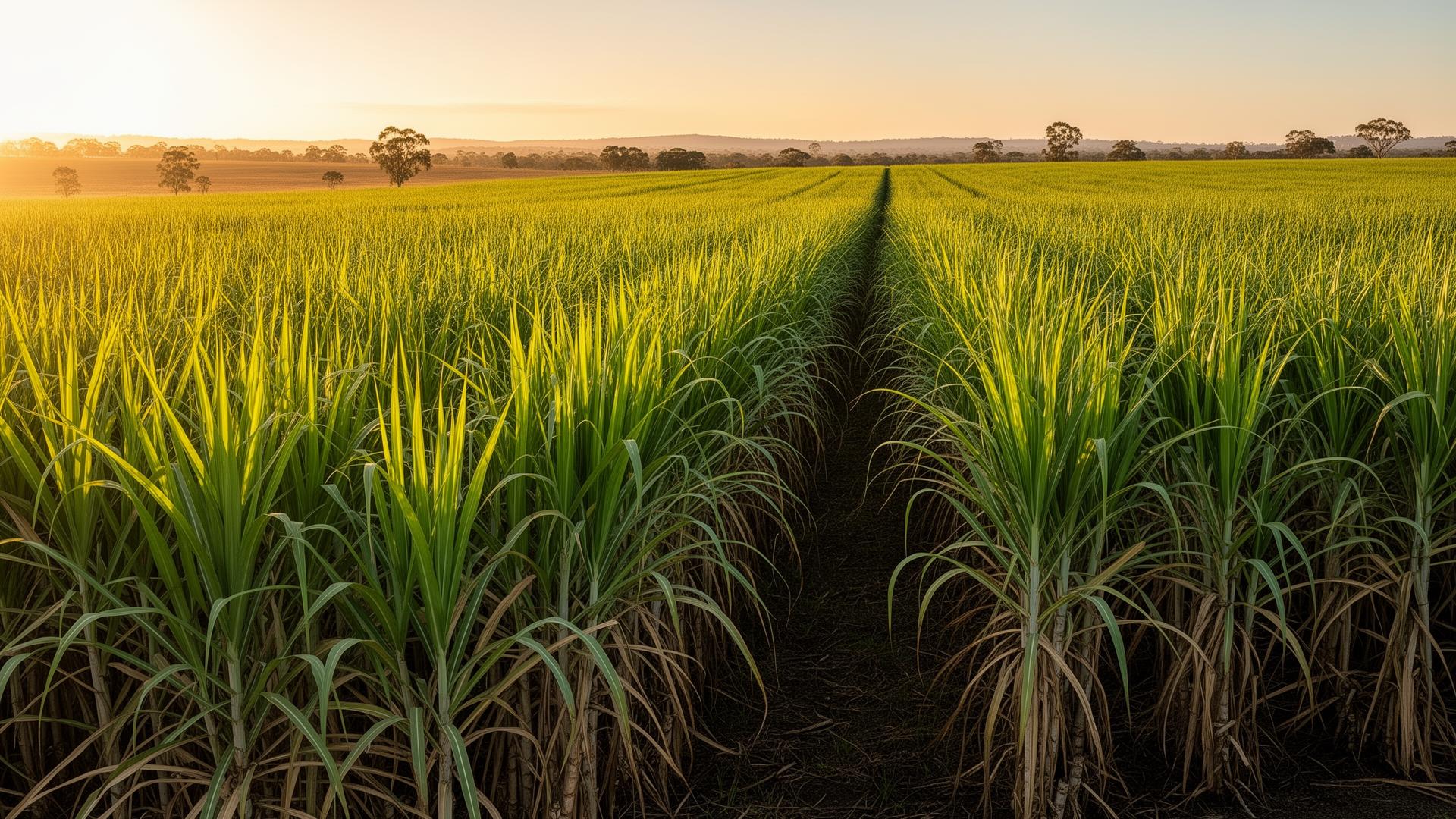Lush sugarcane fields at golden hour in Australia